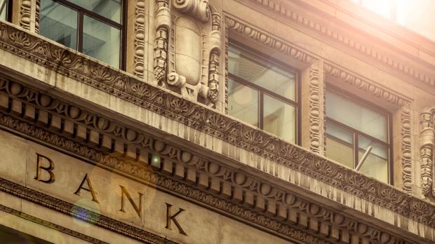 The ornate stone facade of a bank